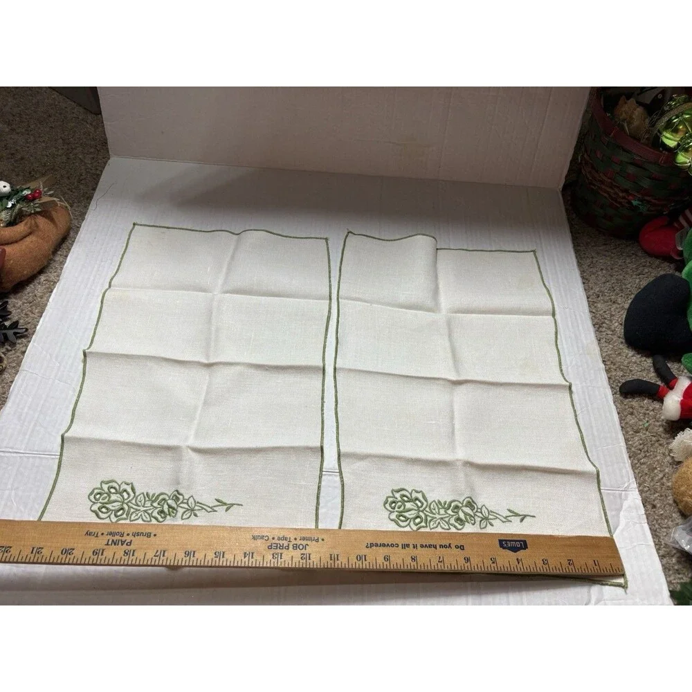 Vintage Linen Napkins Set of 6 Ivory Green Embroidered Roses Floral 12x17